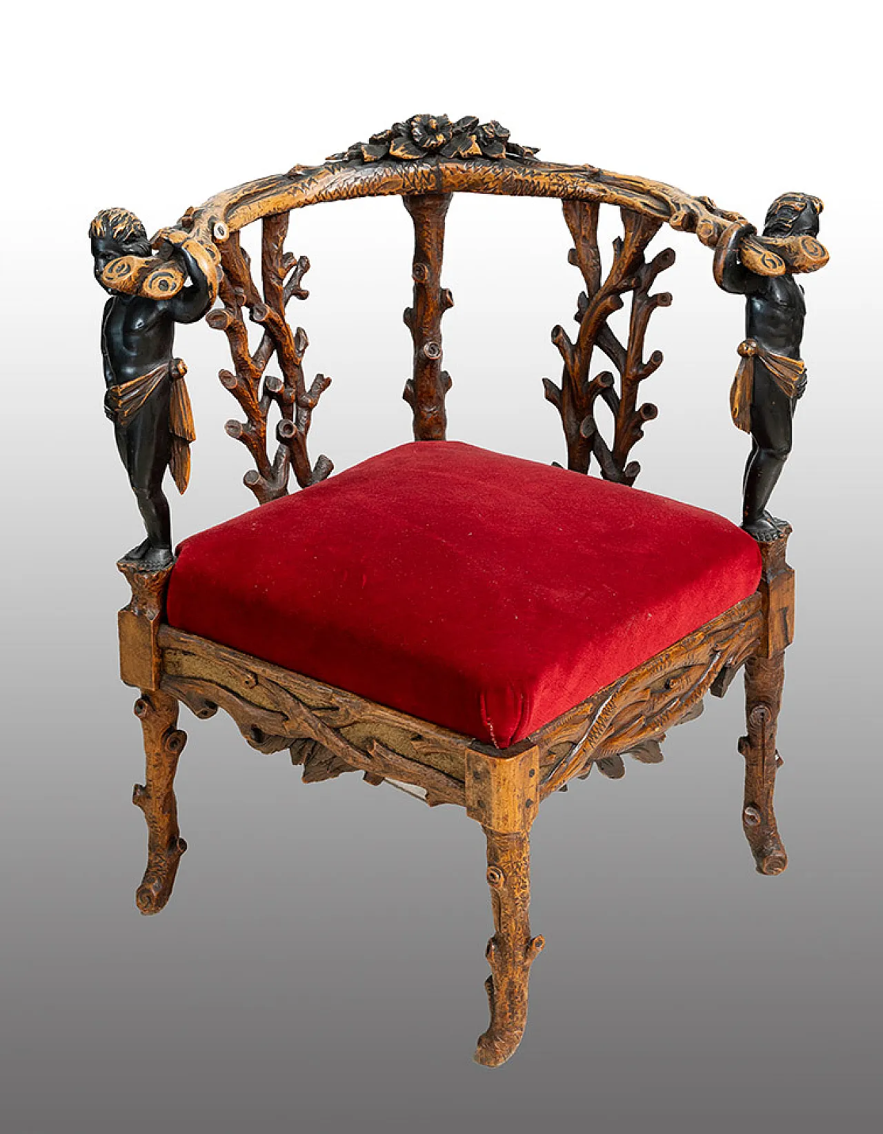 Sculptural French corner armchair in solid walnut, early 19th century 1