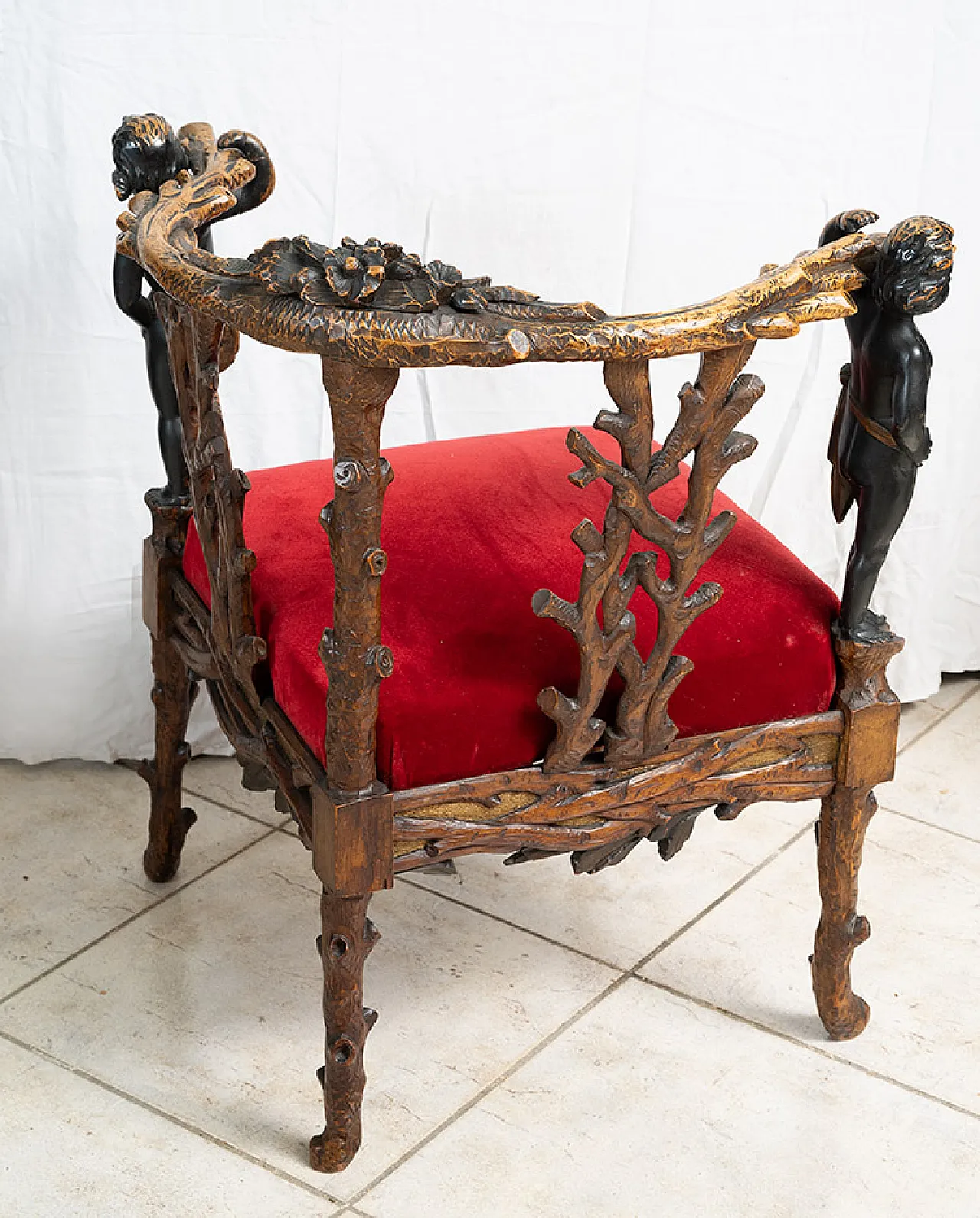 Sculptural French corner armchair in solid walnut, early 19th century 6