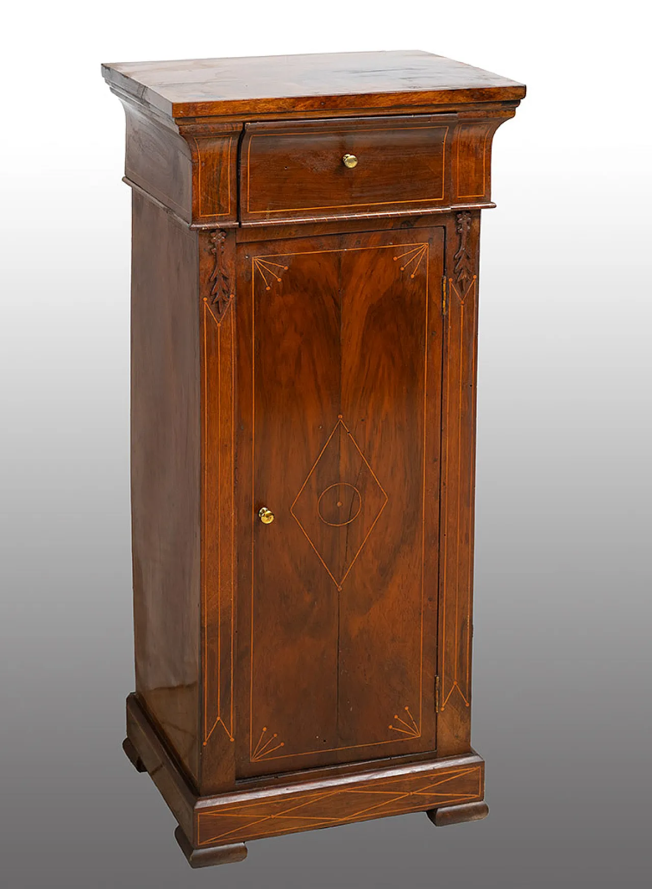 Chales X walnut bedside table with inlay and one drawer, 19th century 1