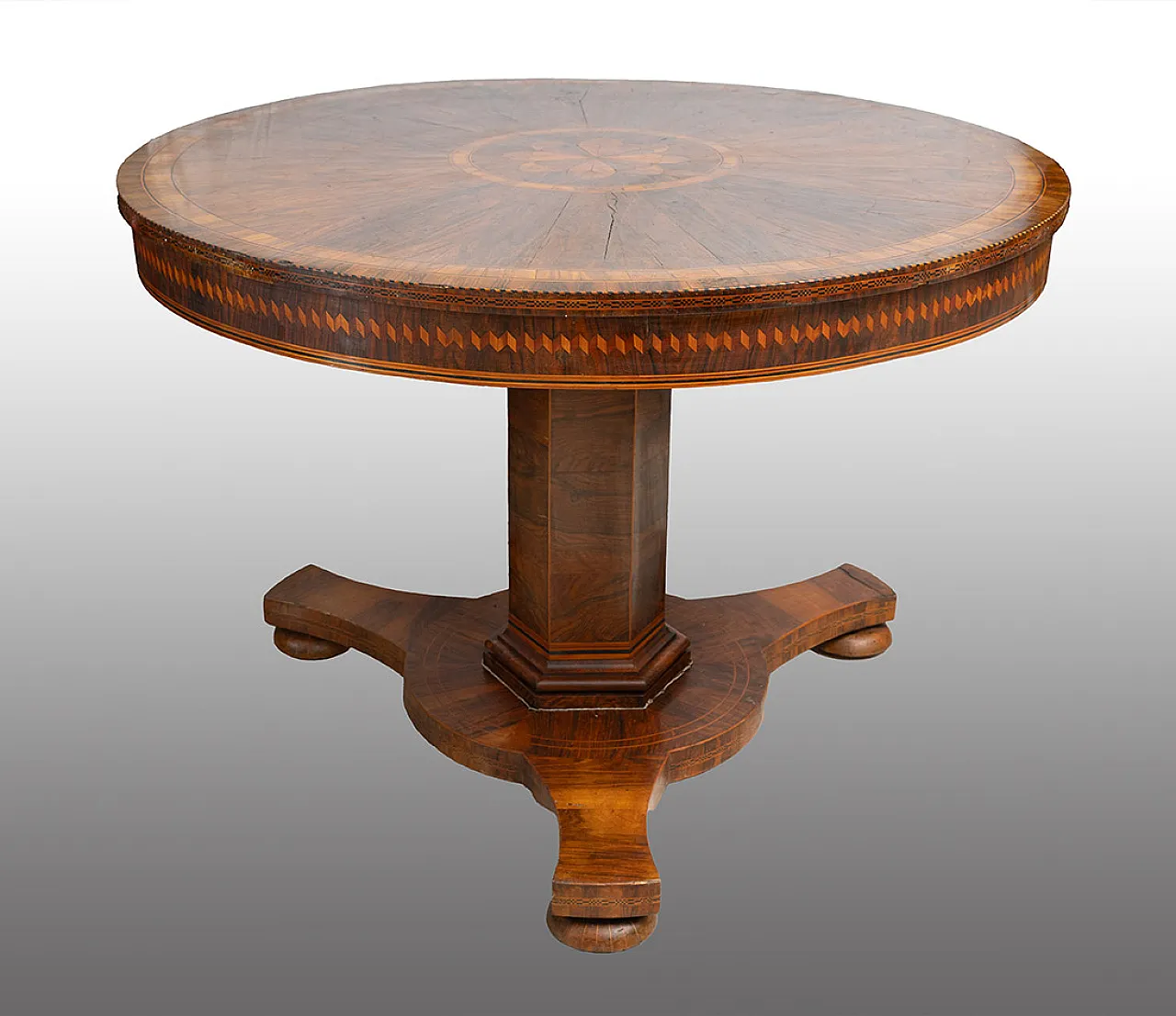 Neapolitan Empire round table in precious exotic woods, 19th century 1