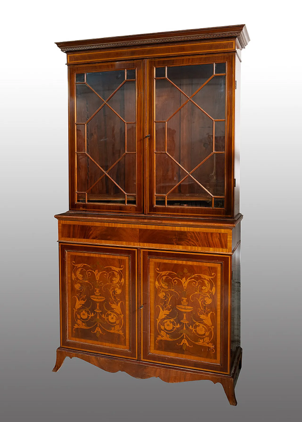 Credenza antica con alzata Eduardiana in mogano intarsiato, '800 1