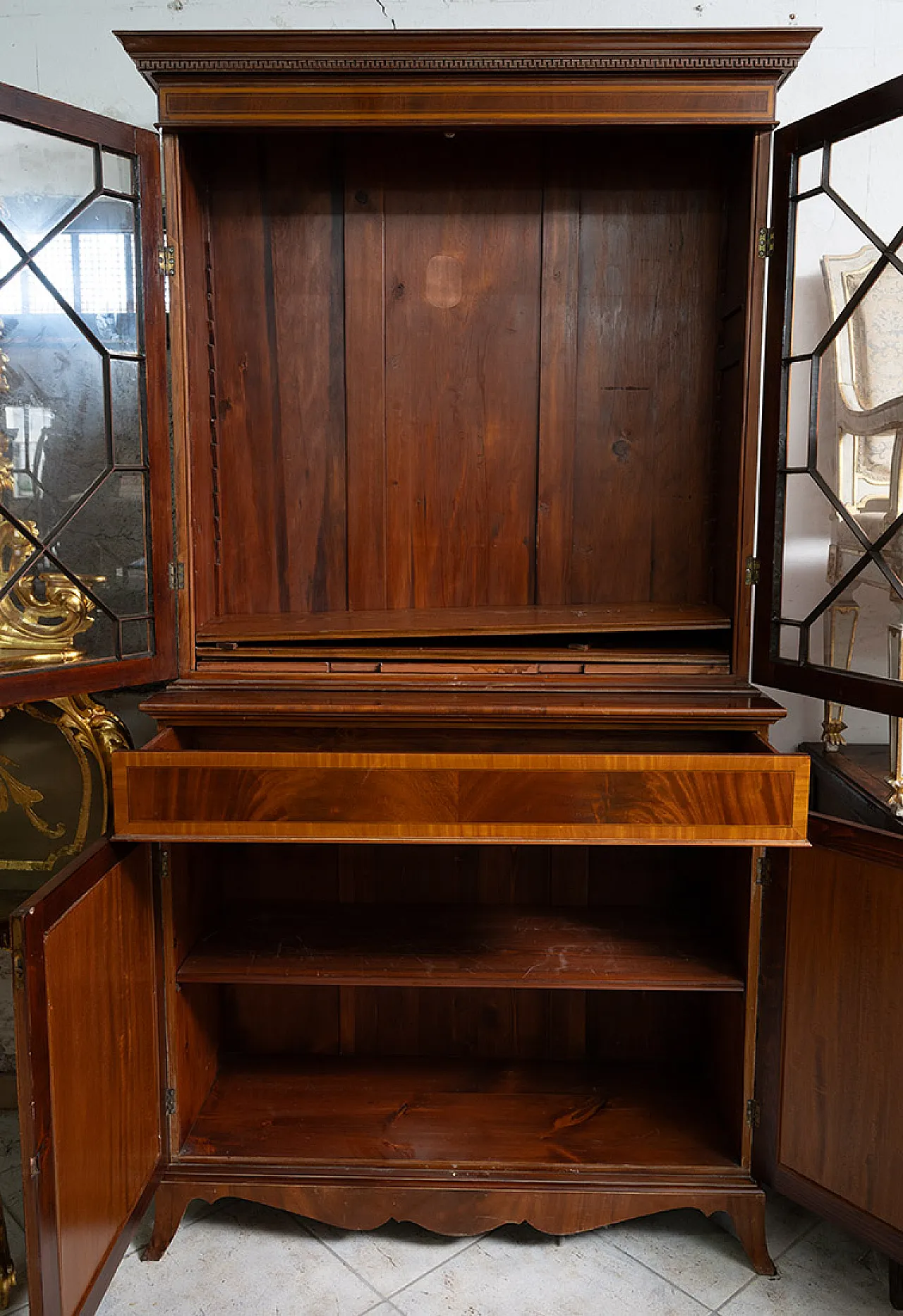 Credenza antica con alzata Eduardiana in mogano intarsiato, '800 4