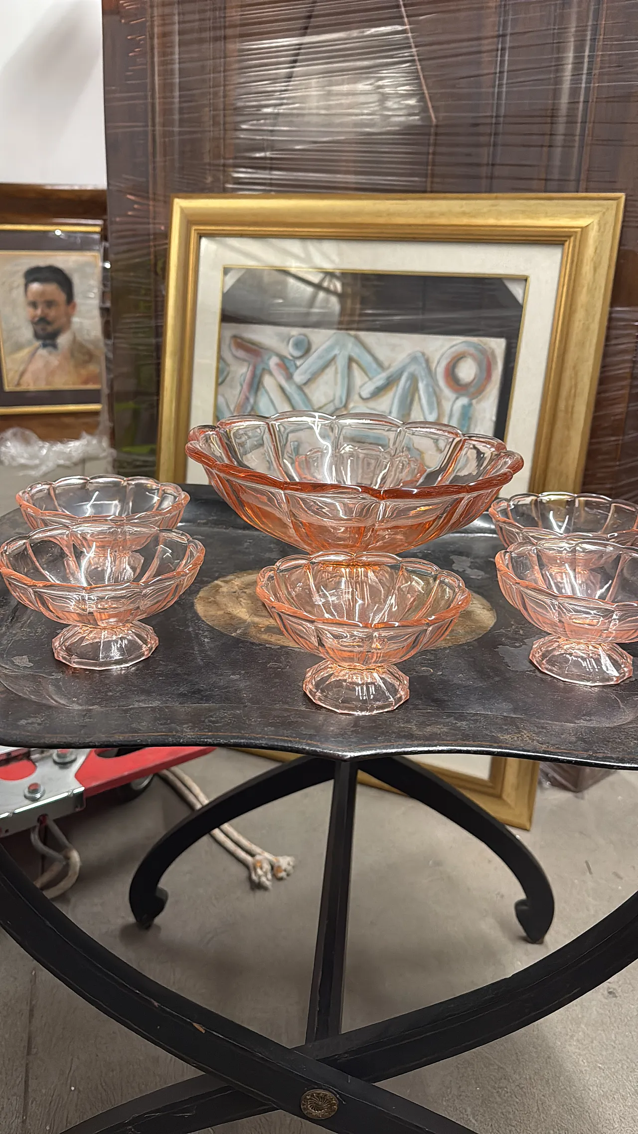 Art Decò dessert set in pink glass shaped like flower, 1940s 2