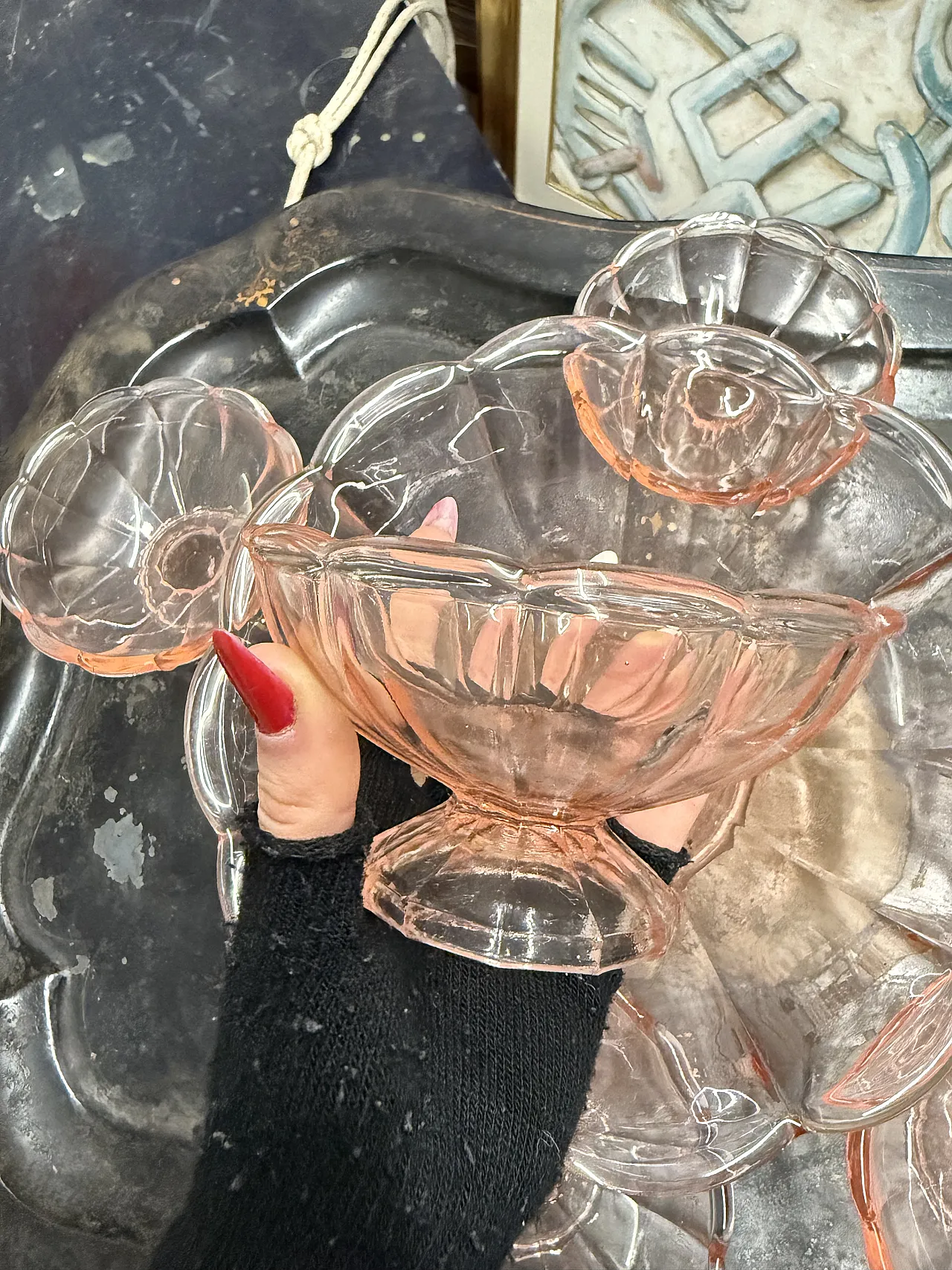 Art Decò dessert set in pink glass shaped like flower, 1940s 11