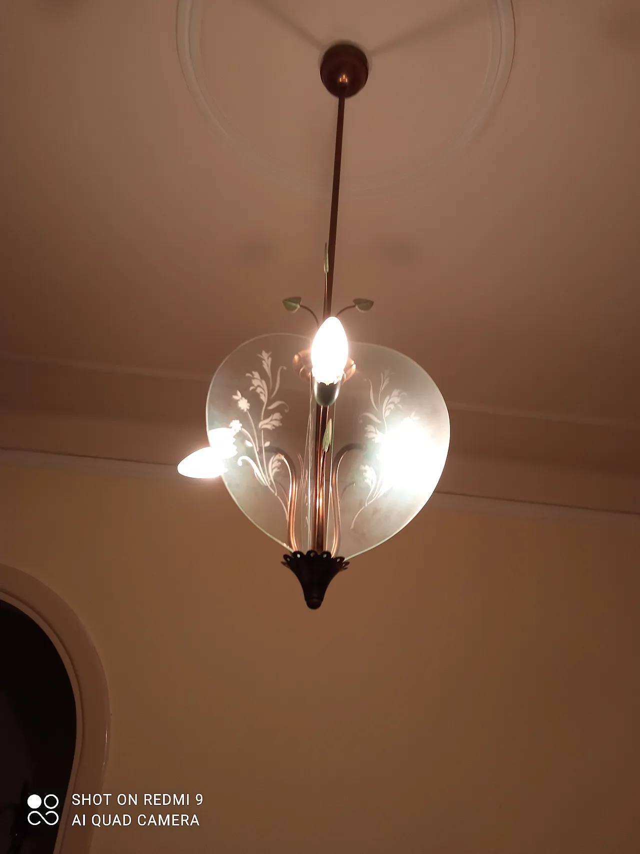 Lampadario in ottone e vetro, anni '60 4