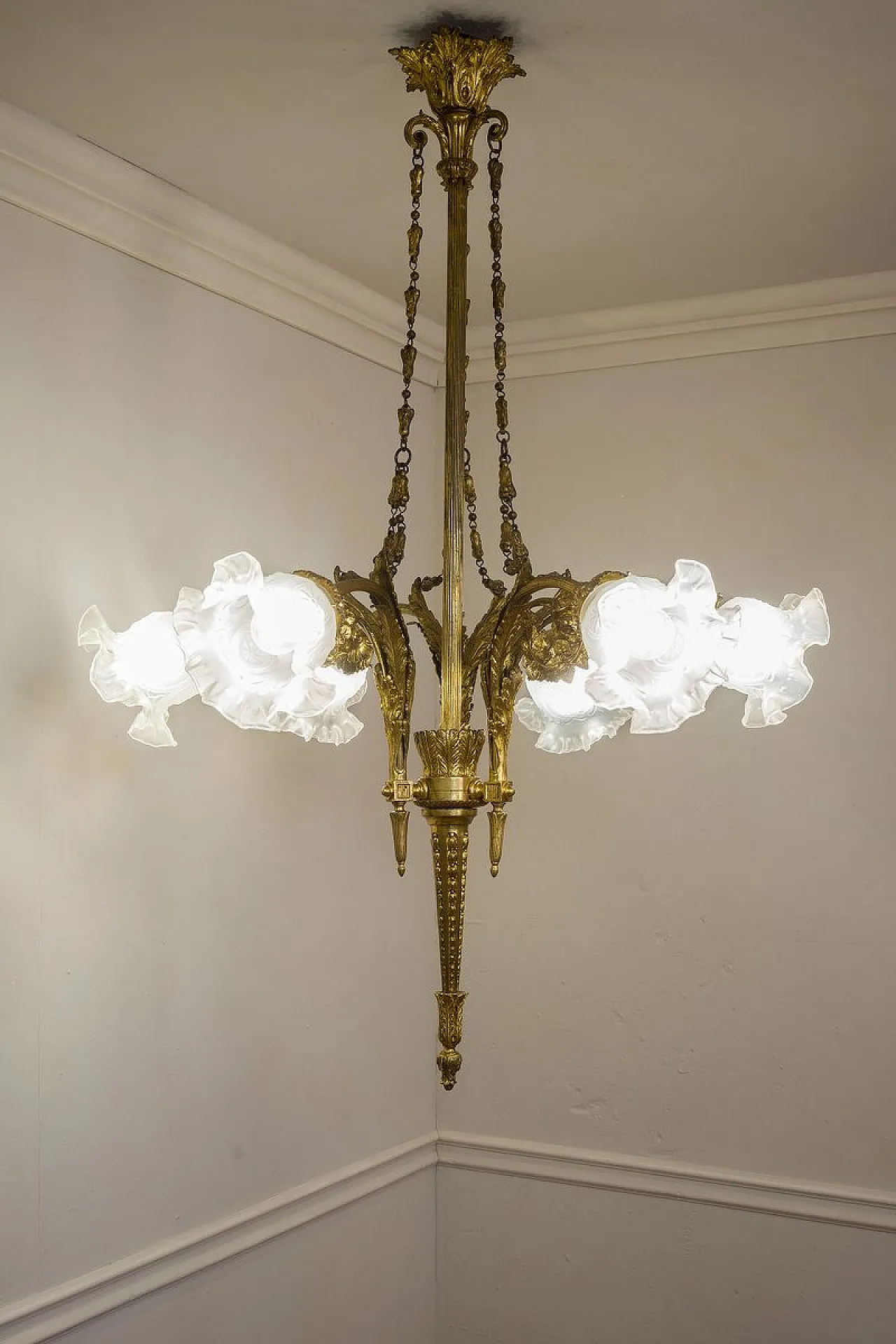 Empire chandelier in bronze and frosted glass, 1920s 1