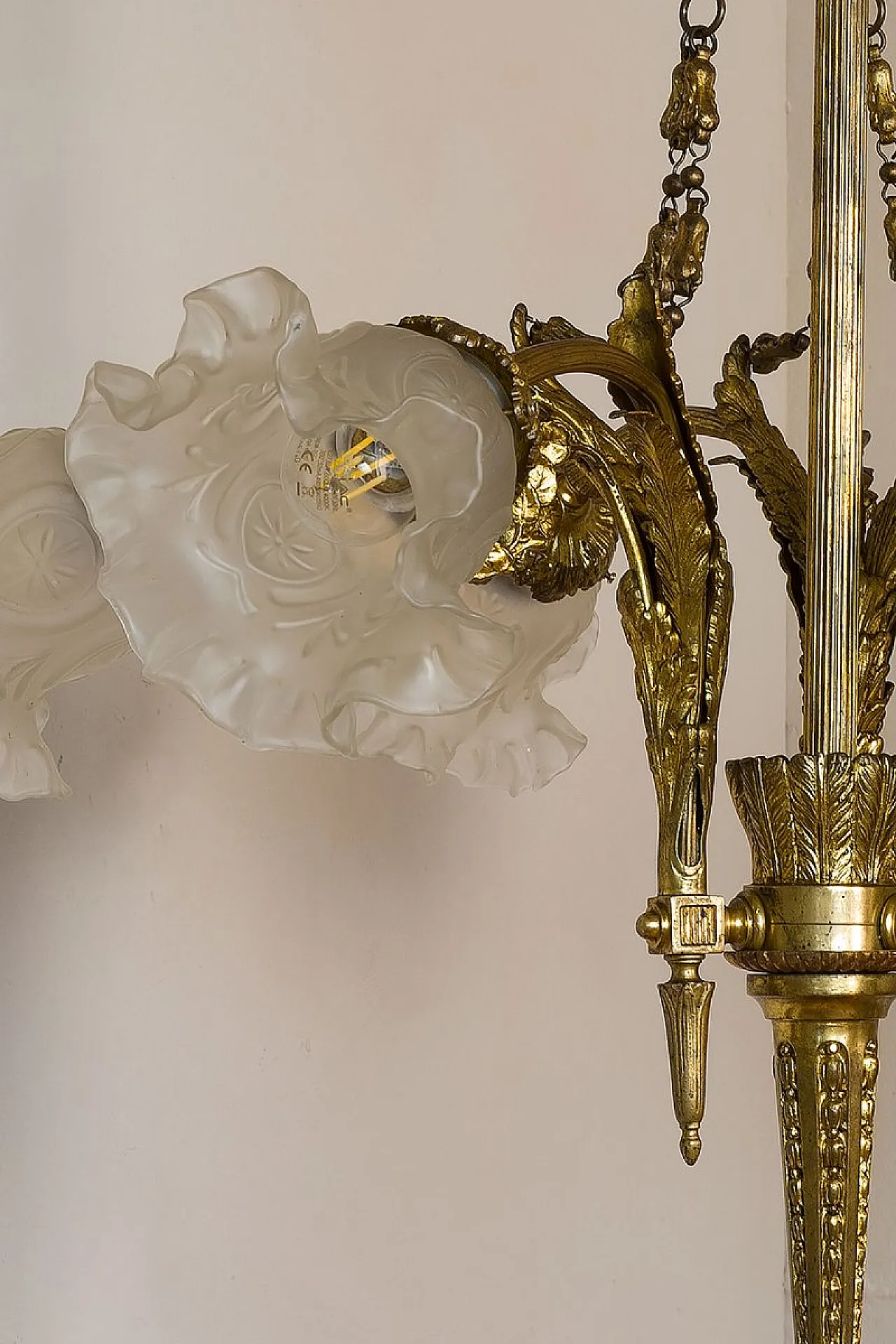 Empire chandelier in bronze and frosted glass, 1920s 3