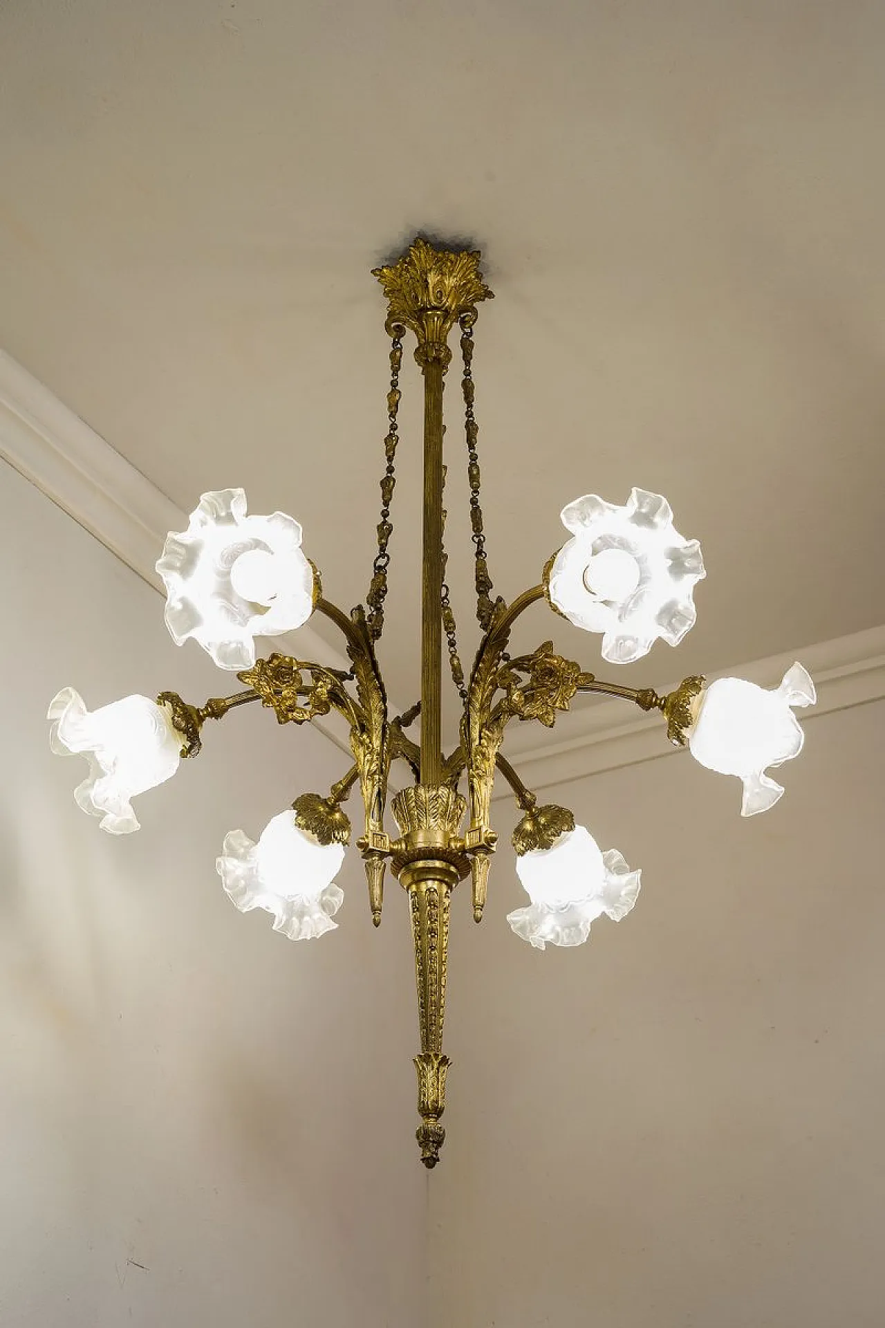 Empire chandelier in bronze and frosted glass, 1920s 4