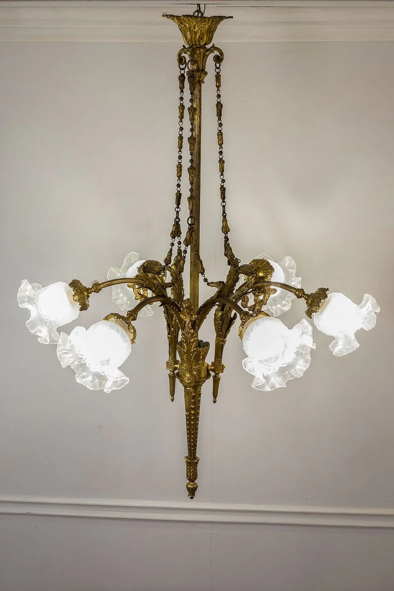 Empire chandelier in bronze and frosted glass, 1920s 5