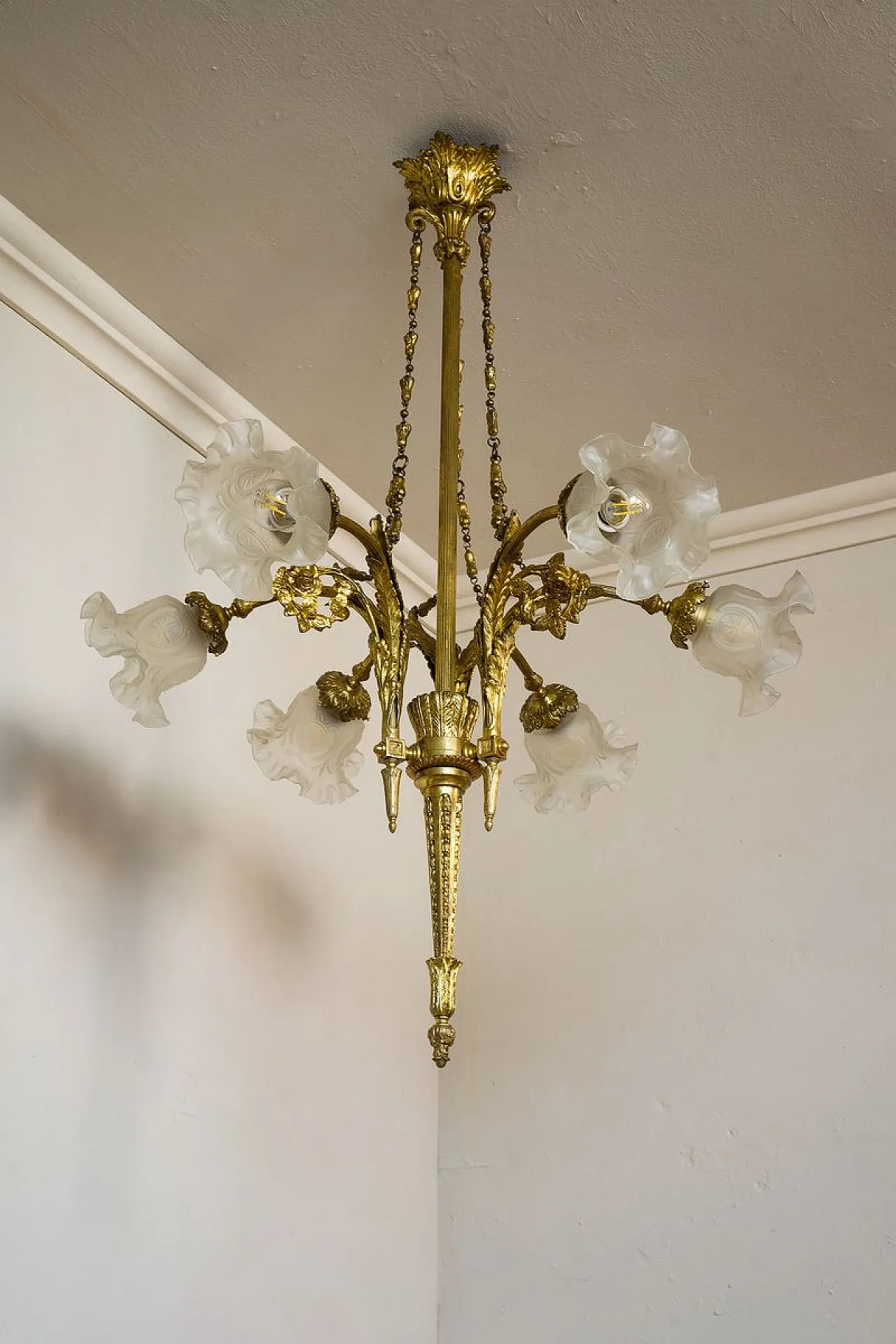 Empire chandelier in bronze and frosted glass, 1920s 7