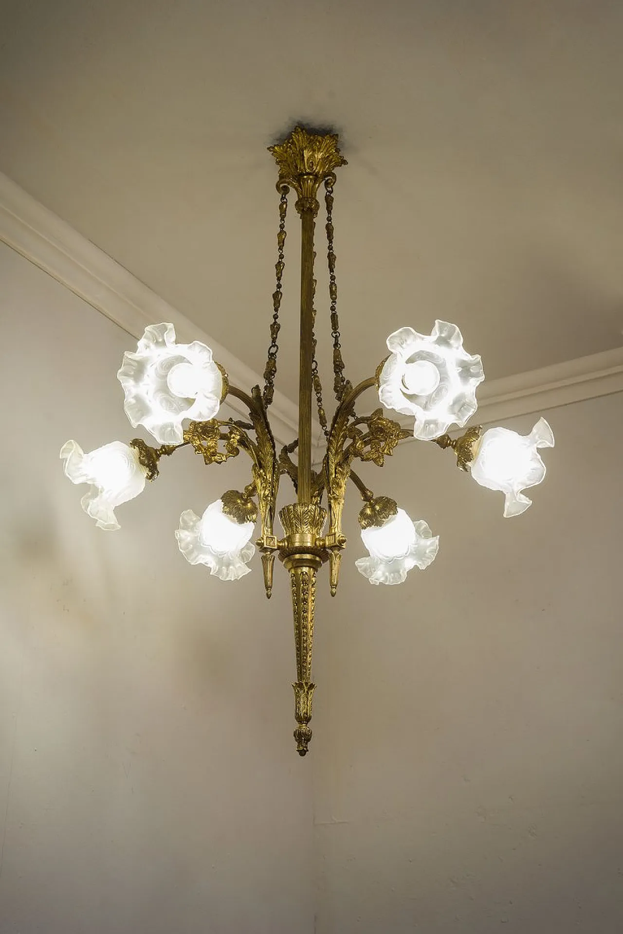 Empire chandelier in bronze and frosted glass, 1920s 9