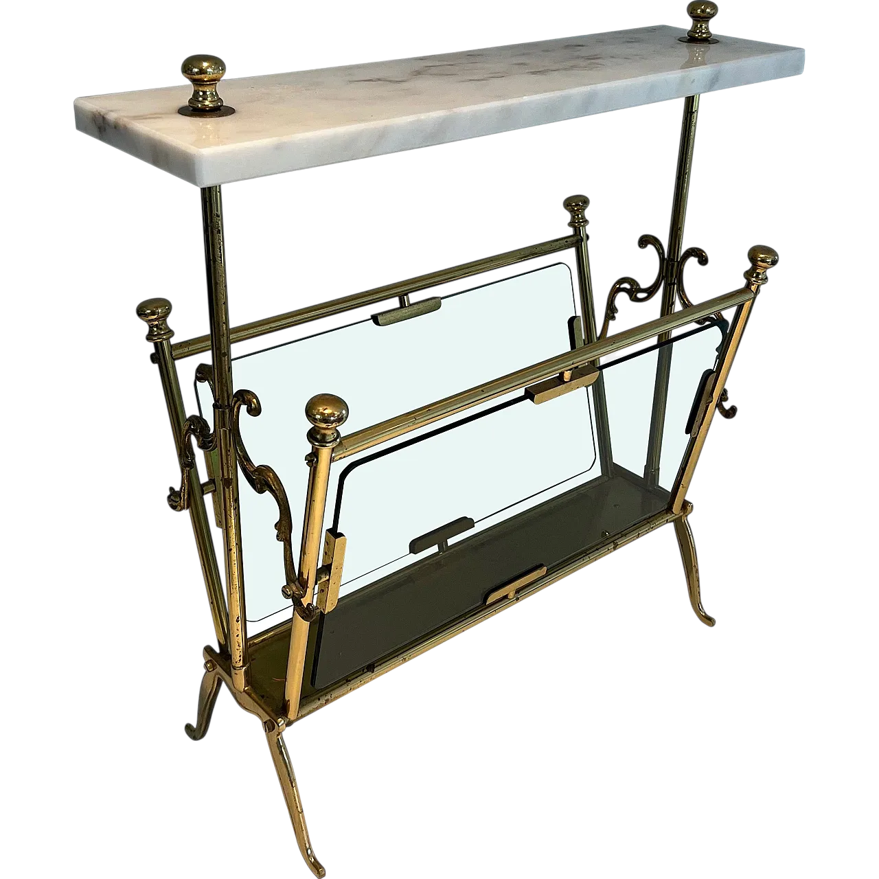 Brass magazine rack with bluish glass and marble top, 1940s 17