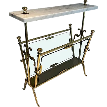 Brass magazine rack with bluish glass and marble top, 1940s