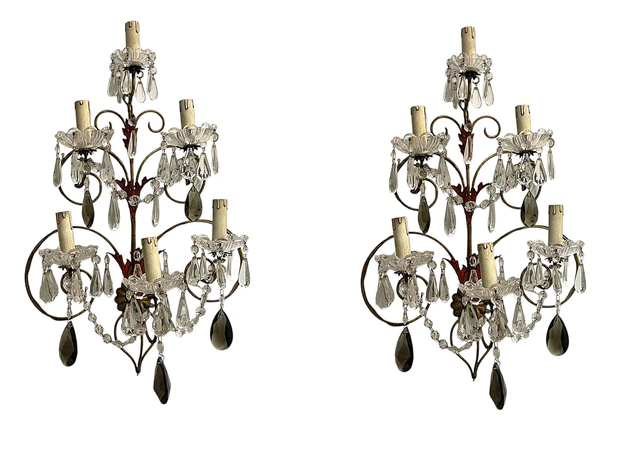 Pair of Florentine tole crystal sconces, 1950s 1