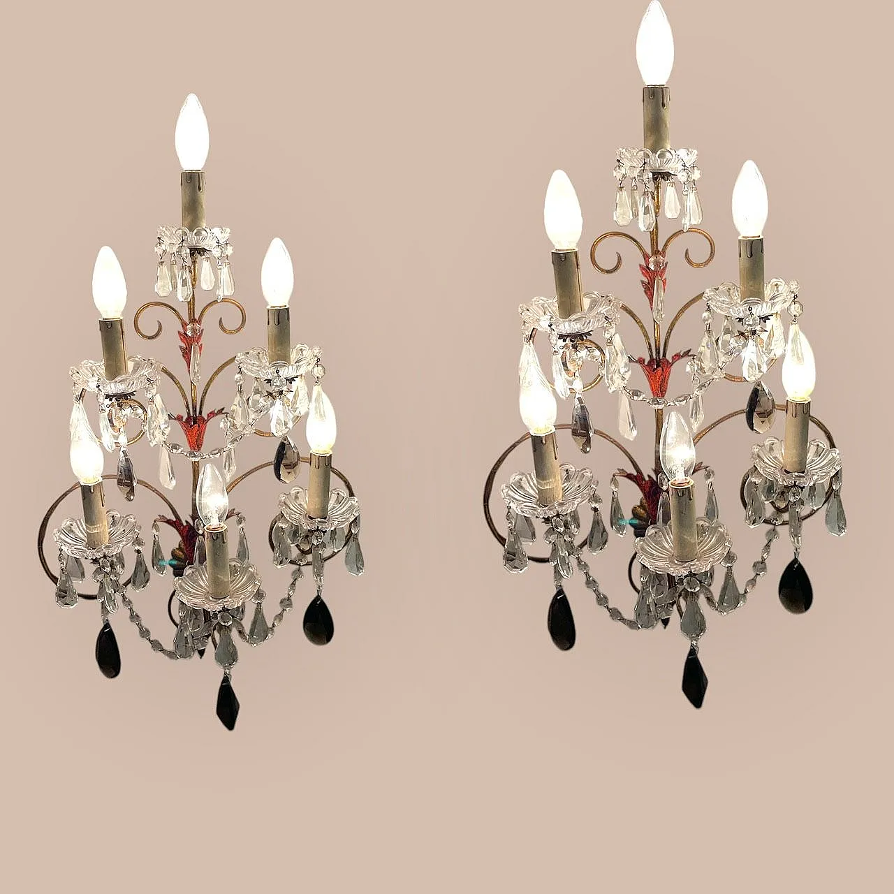 Pair of Florentine tole crystal sconces, 1950s 3