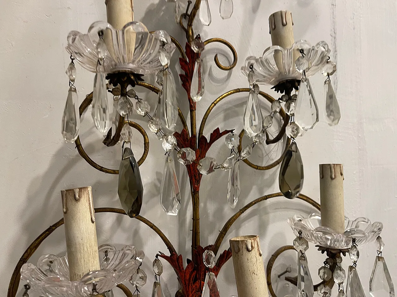 Pair of Florentine tole crystal sconces, 1950s 4