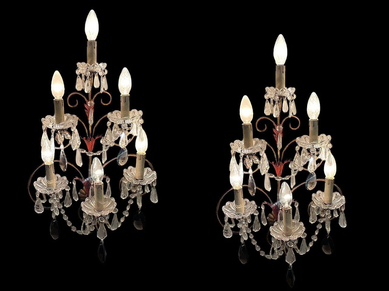 Pair of Florentine tole crystal sconces, 1950s 7