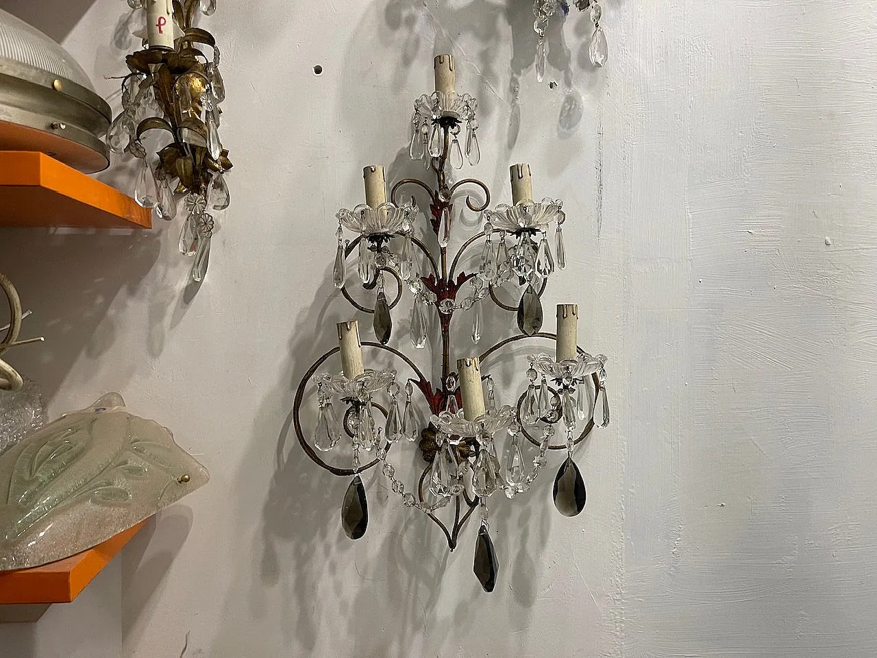 Pair of Florentine tole crystal sconces, 1950s 10