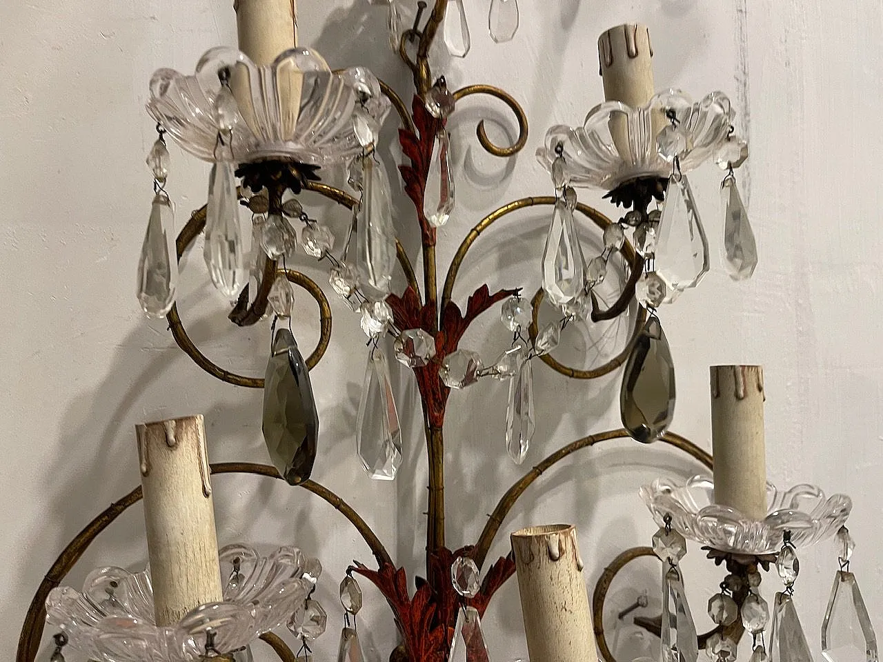 Pair of Florentine tole crystal sconces, 1950s 11