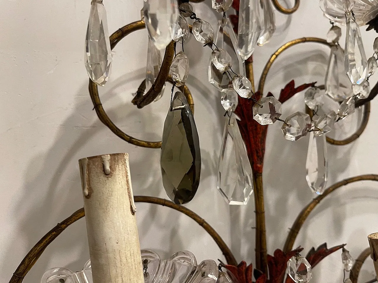 Pair of Florentine tole crystal sconces, 1950s 12