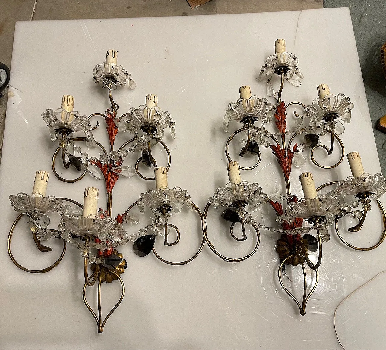 Pair of Florentine tole crystal sconces, 1950s 14