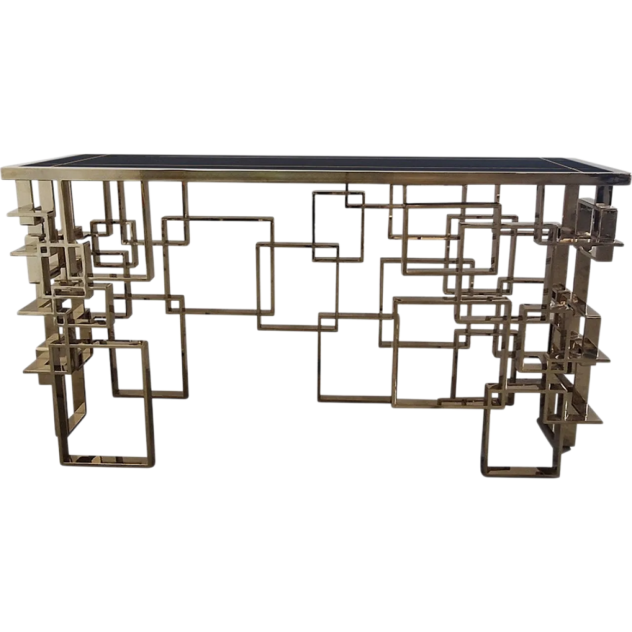 Bifacceral console in chromium-gold steel and Murano glass top, 90s 8