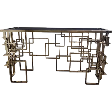 Bifacceral console in chromium-gold steel and Murano glass top, 90s