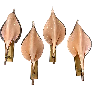 4 Pink Murano glass leaf wall sconces by Franco Luce, 1970s