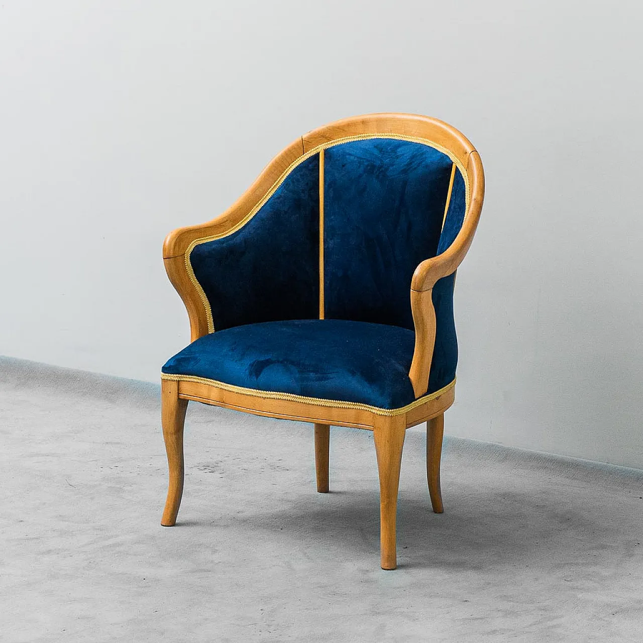 Wooden armchair and blue velvet, 50s 1