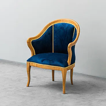 Wooden armchair and blue velvet, 50s