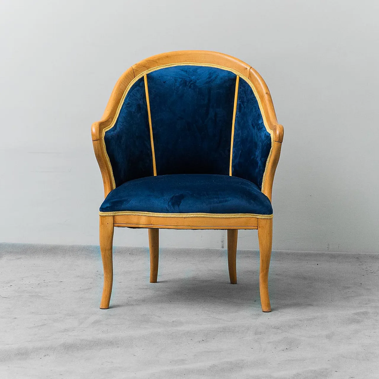 Wooden armchair and blue velvet, 50s 3