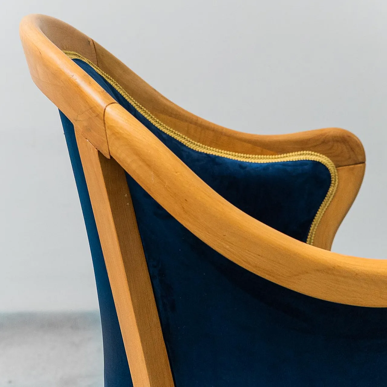 Wooden armchair and blue velvet, 50s 5