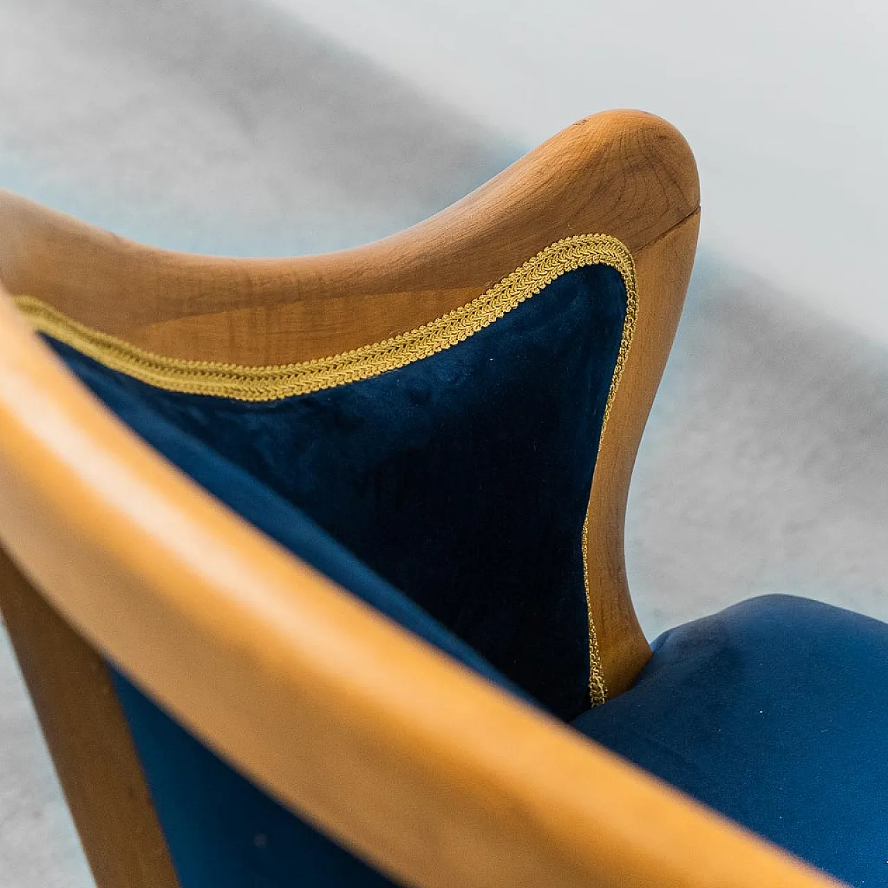 Wooden armchair and blue velvet, 50s 6