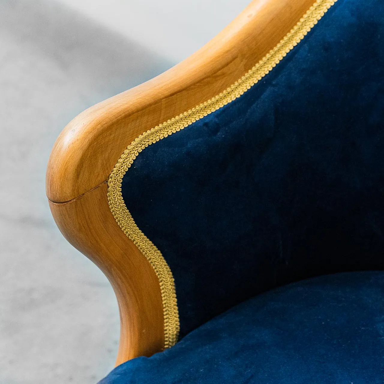 Wooden armchair and blue velvet, 50s 11