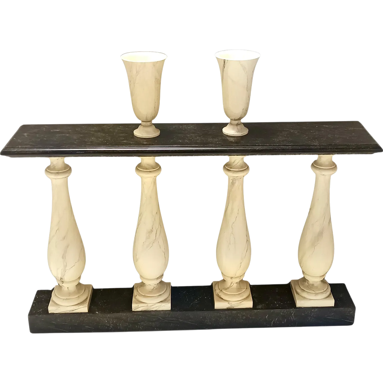 Hand-painted beechwood ivory marble Console, two vases, 1970s 12