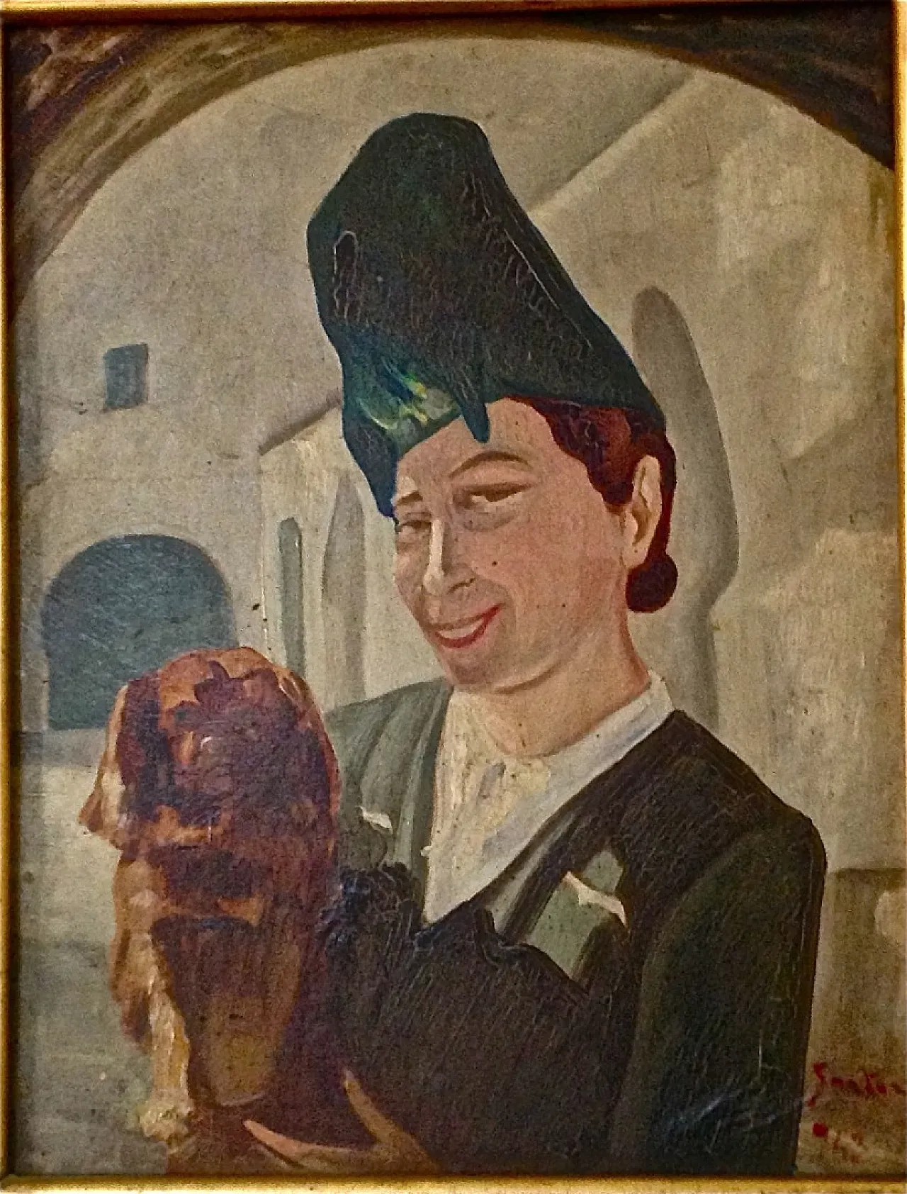 Woman with dog by Iginio Sartori, oil on panel, 1940s 1