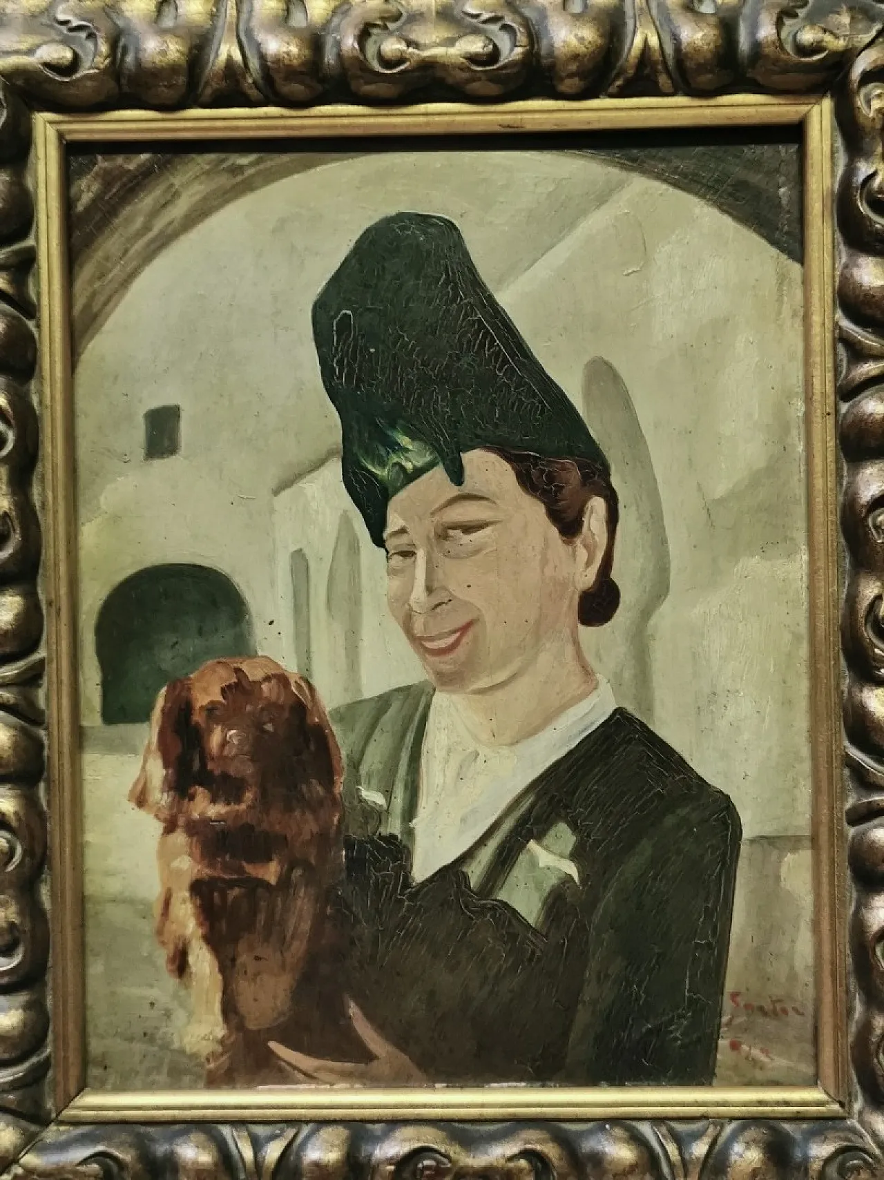 Woman with dog by Iginio Sartori, oil on panel, 1940s 3