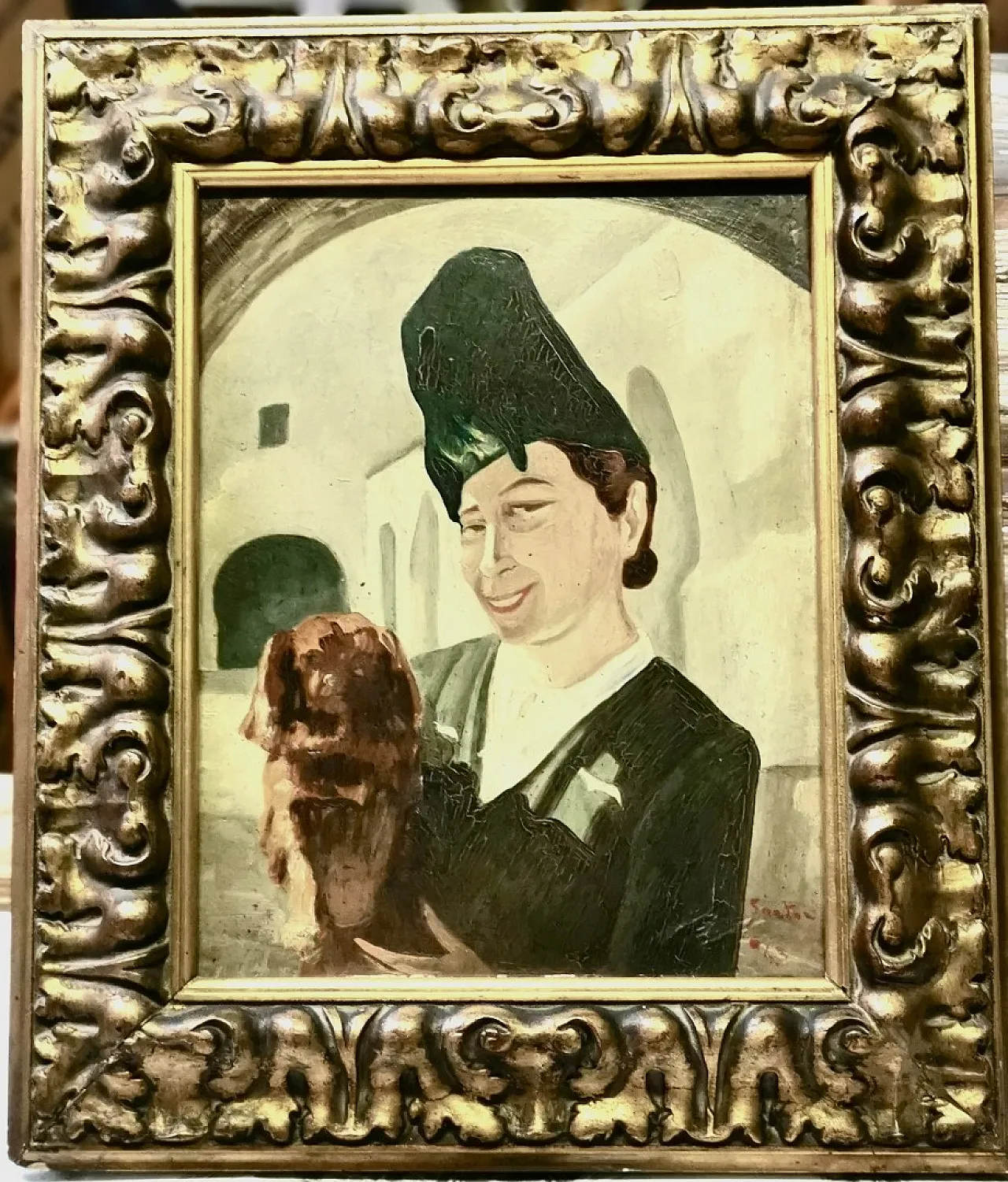 Woman with dog by Iginio Sartori, oil on panel, 1940s 5