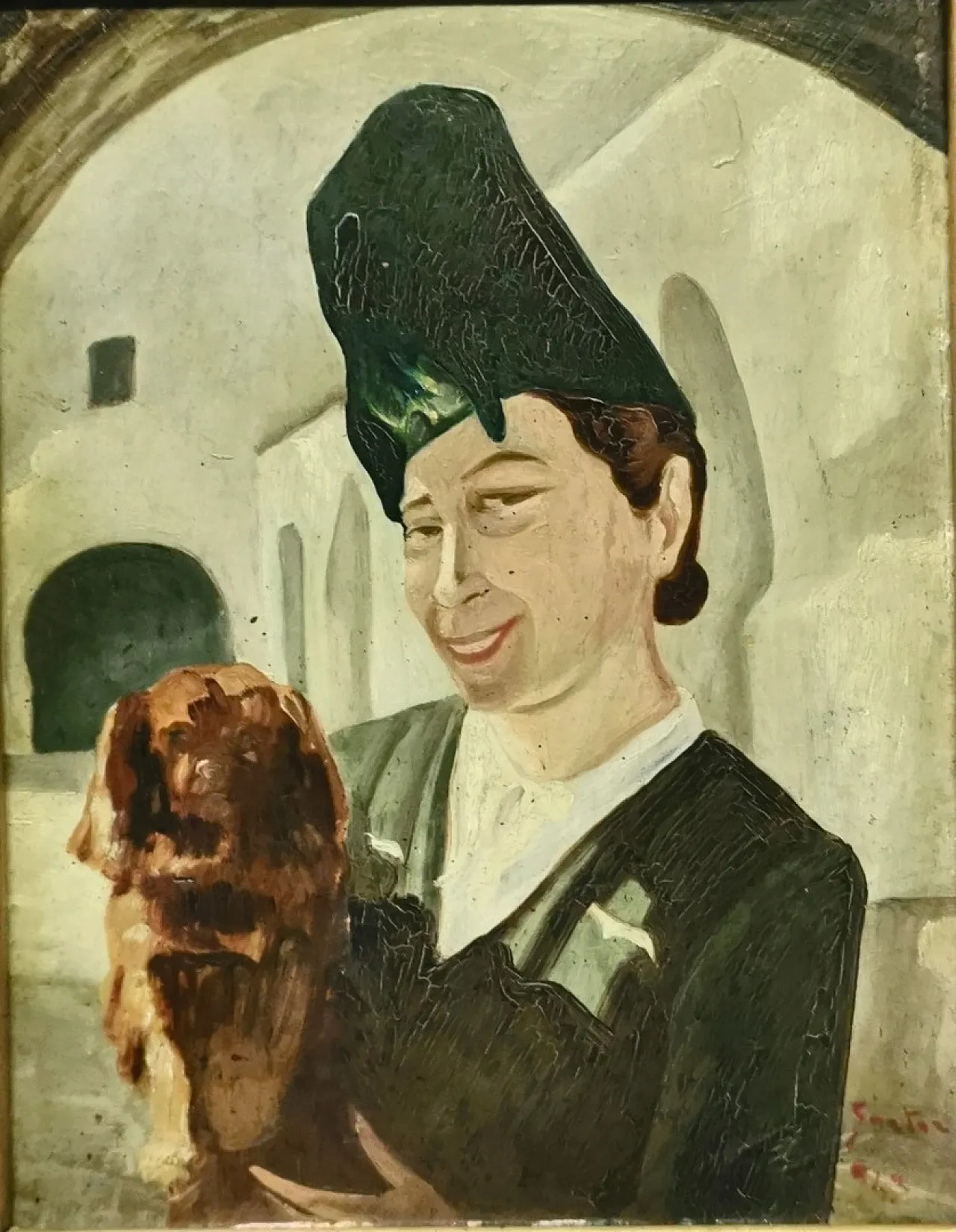 Woman with dog by Iginio Sartori, oil on panel, 1940s 6