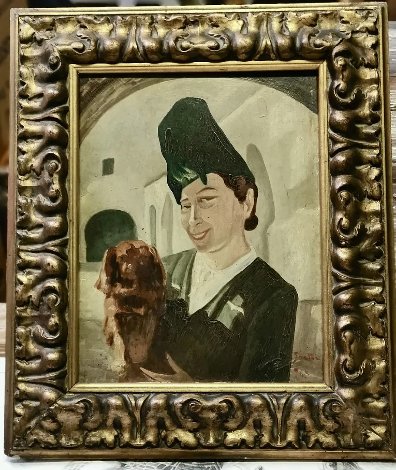 Woman with dog by Iginio Sartori, oil on panel, 1940s 7