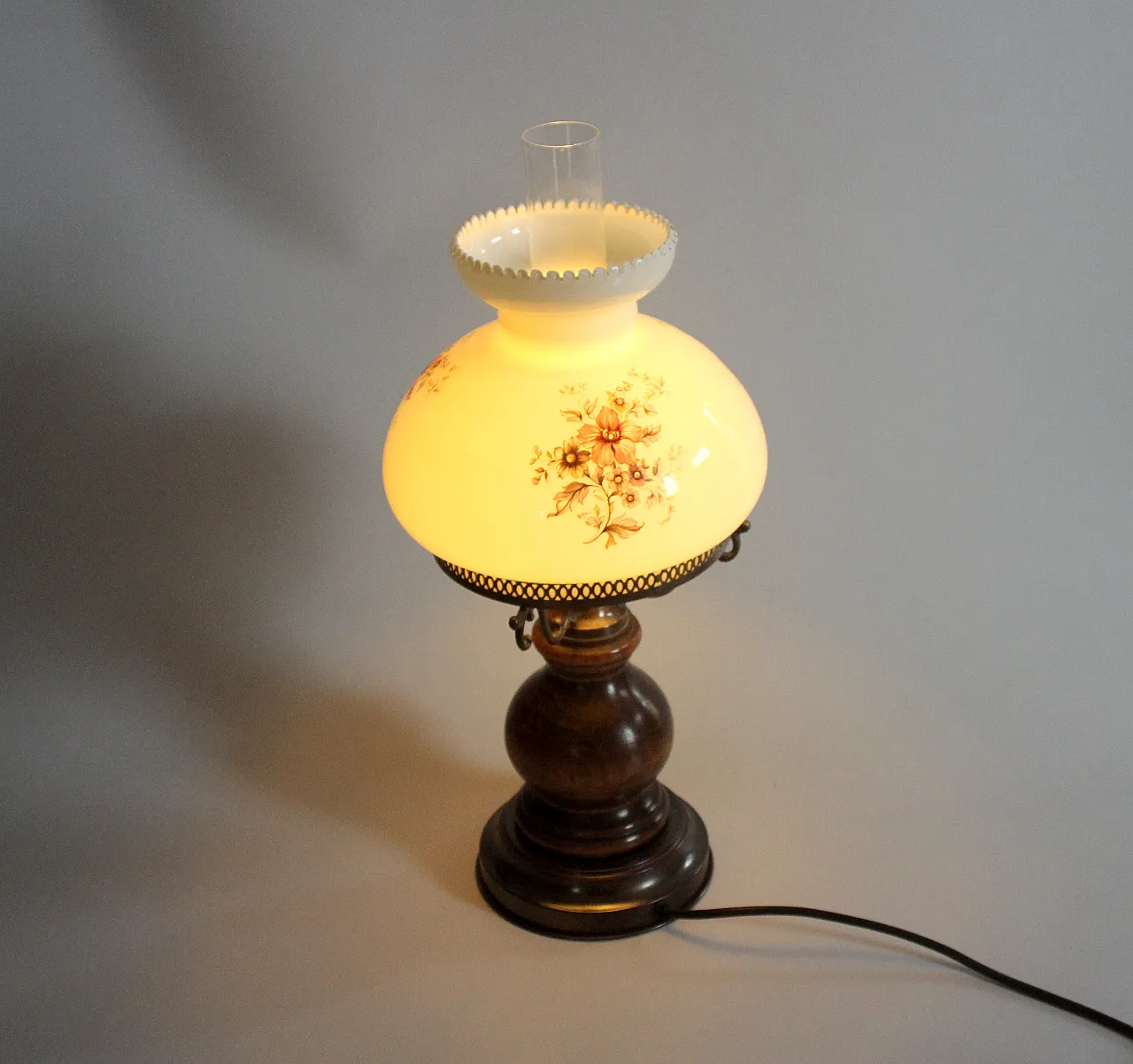 German table lamp milk glass, wood and metal base, 60s 1