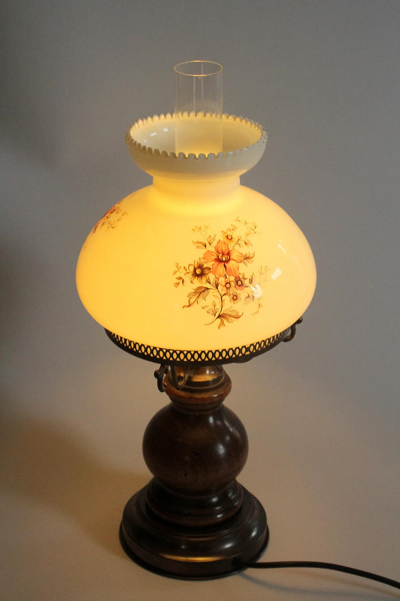 German table lamp milk glass, wood and metal base, 60s 5