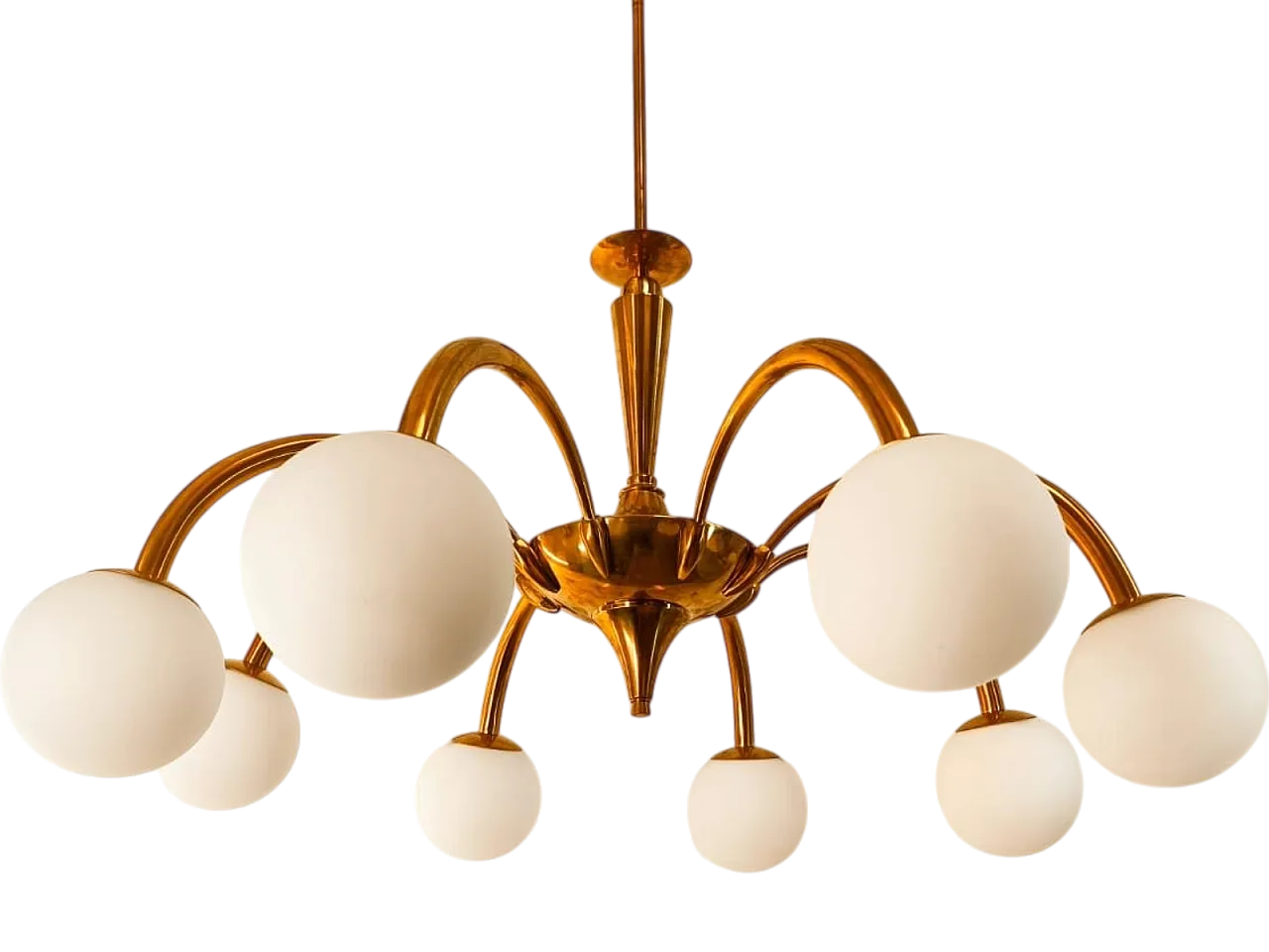 8-Light brass chandelier with glass spheres, 1960s 20