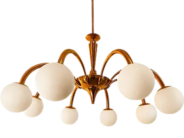 8-Light brass chandelier with glass spheres, 1960s