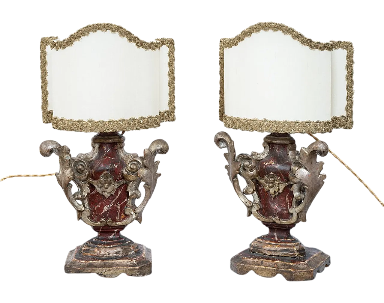 Pair of ancient Louis XIV lamps in silver and mixture with lacquering 5