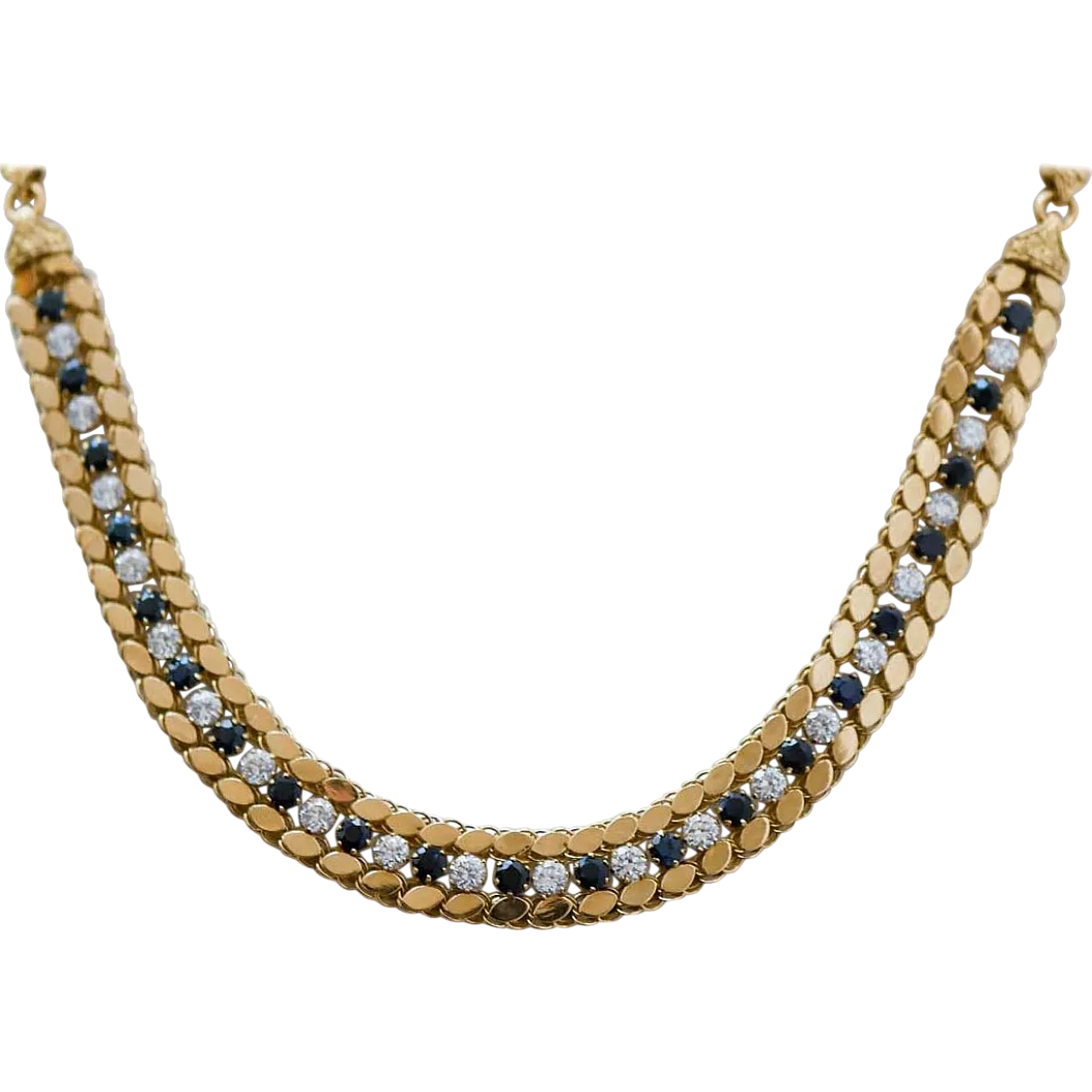 White and blue stones, 18 karat yellow gold necklace, 1950s 8