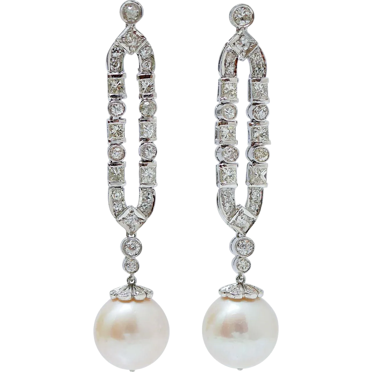 White pearls, diamonds, platinum earrings, 1970s 7