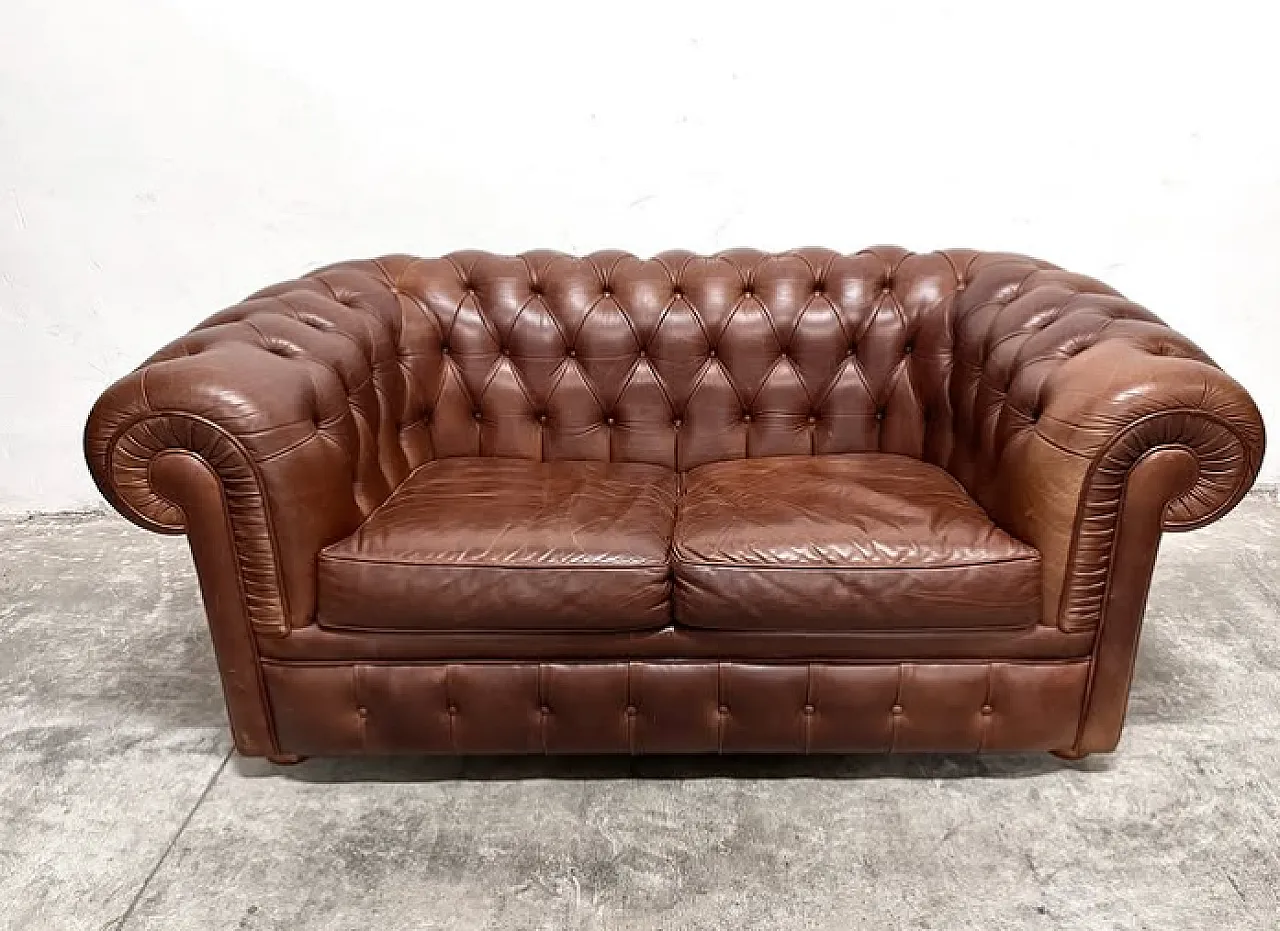 Brown leather Chesterfield sofa, 1980s 1