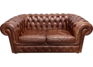 Divano Chesterfield in pelle marrone, anni '80