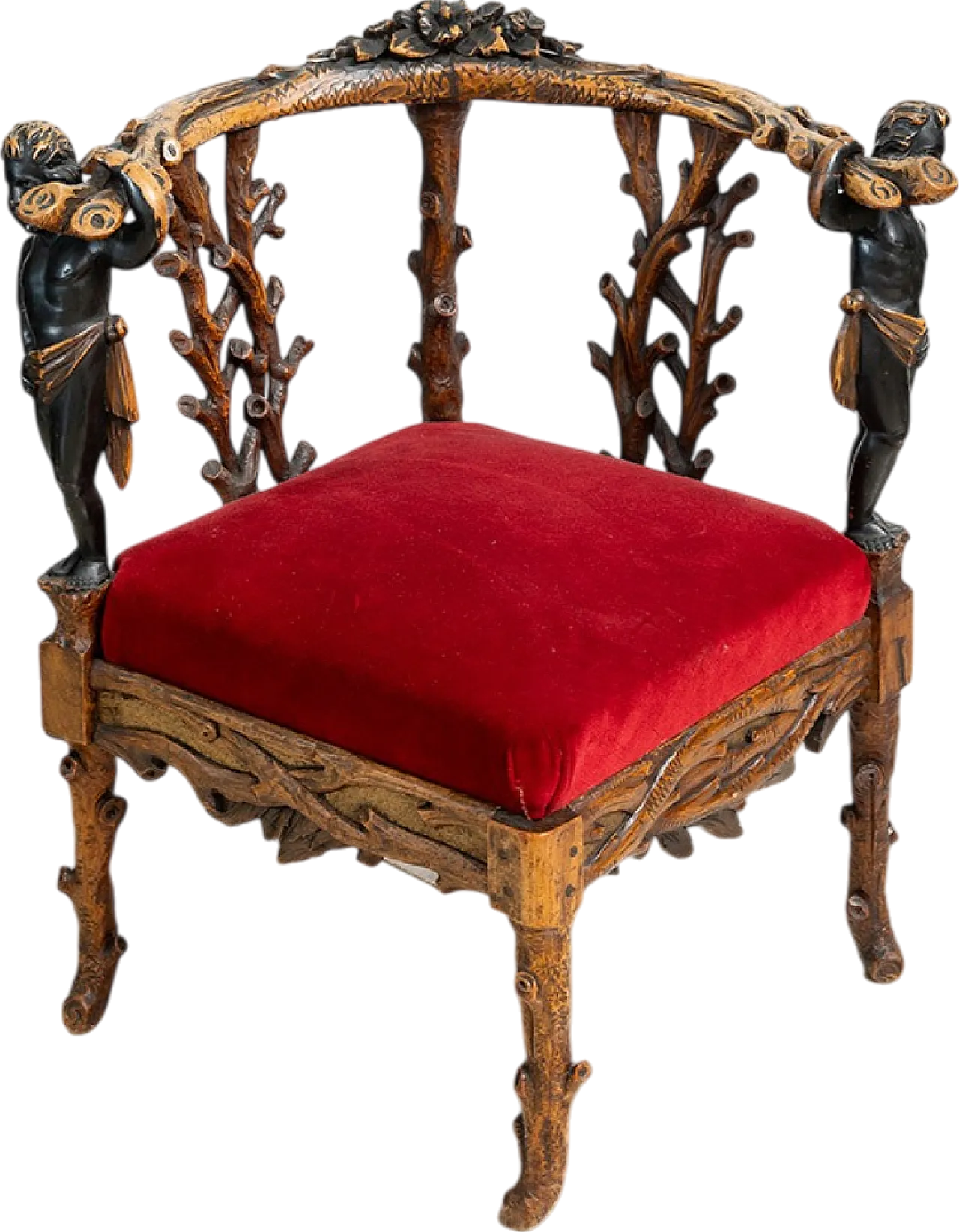 Sculptural French corner armchair in solid walnut, early 19th century 7